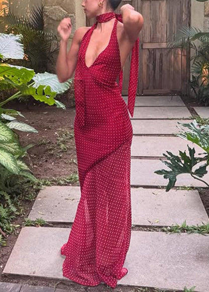 Modern Red V Neck Tulle Patchwork Tulle Long Dress Sleeveless