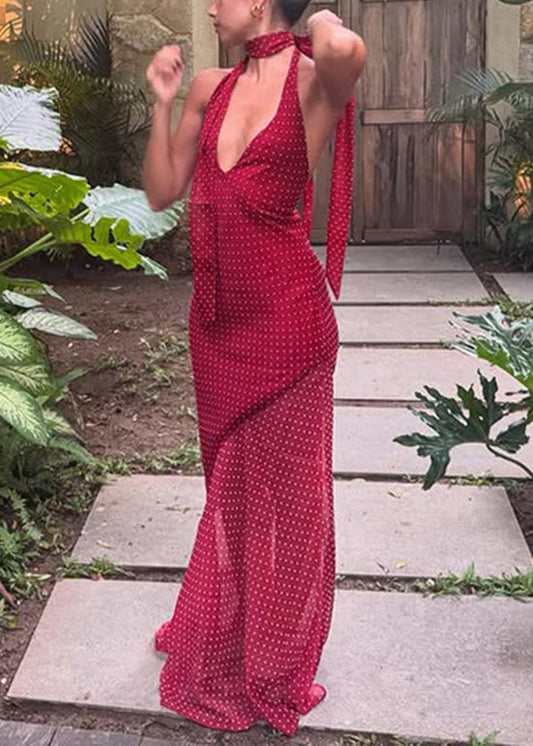 Modern Red V Neck Tulle Patchwork Tulle Long Dress Sleeveless