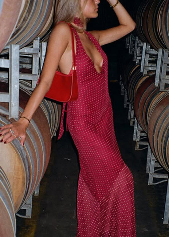 Modern Red V Neck Tulle Patchwork Tulle Long Dress Sleeveless