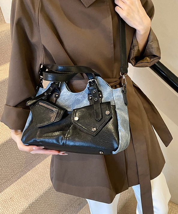 Moderne Henkeltasche aus Kunstleder mit Nieten-Patchwork-Taschen