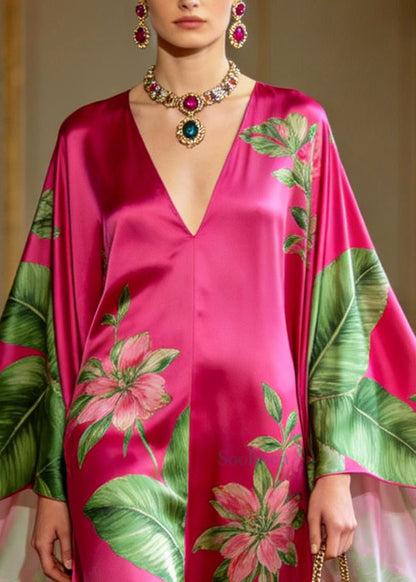 Modern Rose Print Low High Design Silk Long Dresses Batwing Sleeve