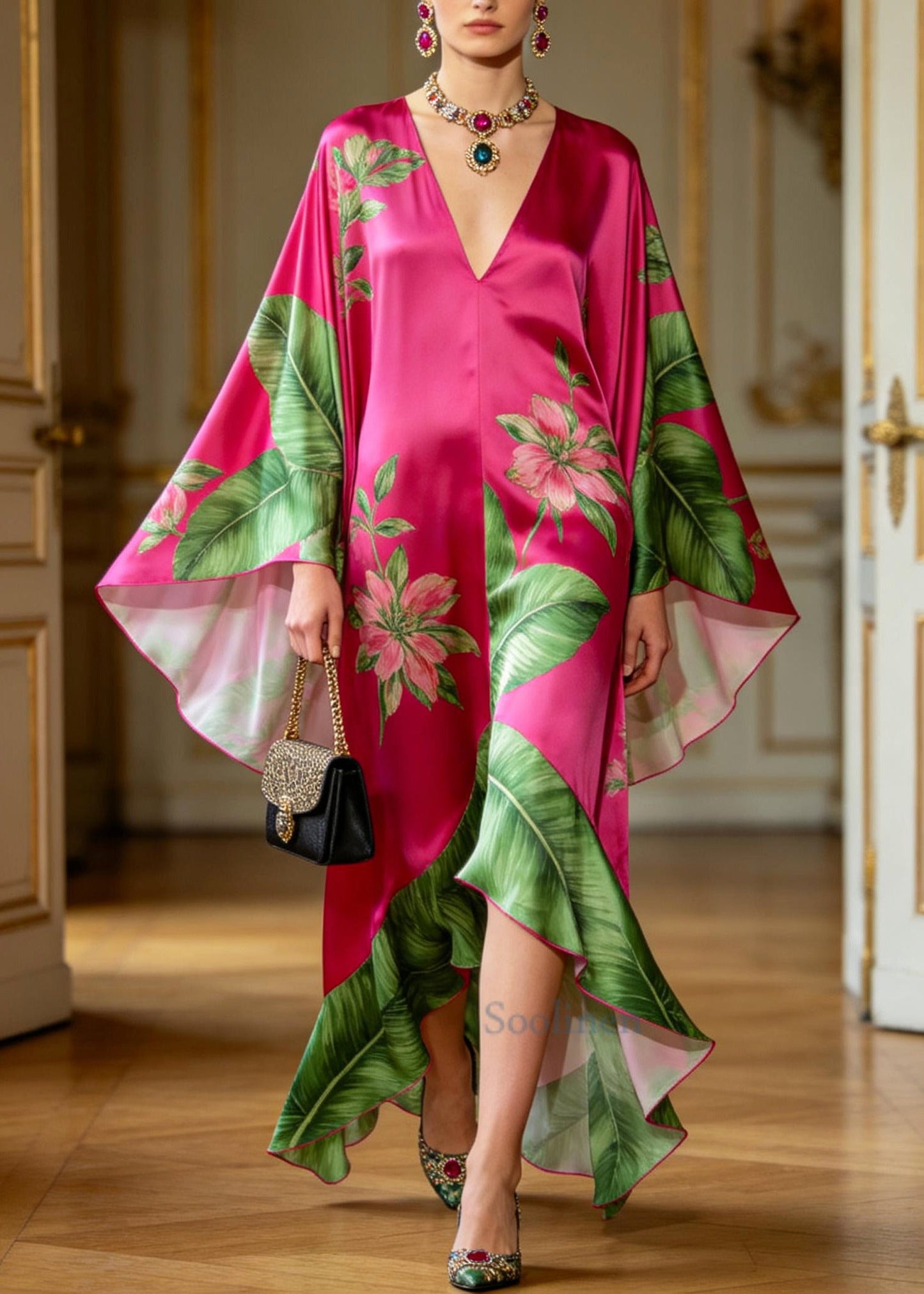 Modern Rose Print Low High Design Silk Long Dresses Batwing Sleeve