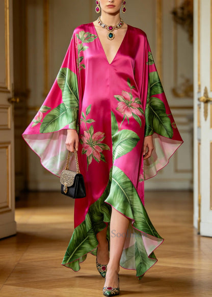 Modern Rose Print Low High Design Silk Long Dresses Batwing Sleeve