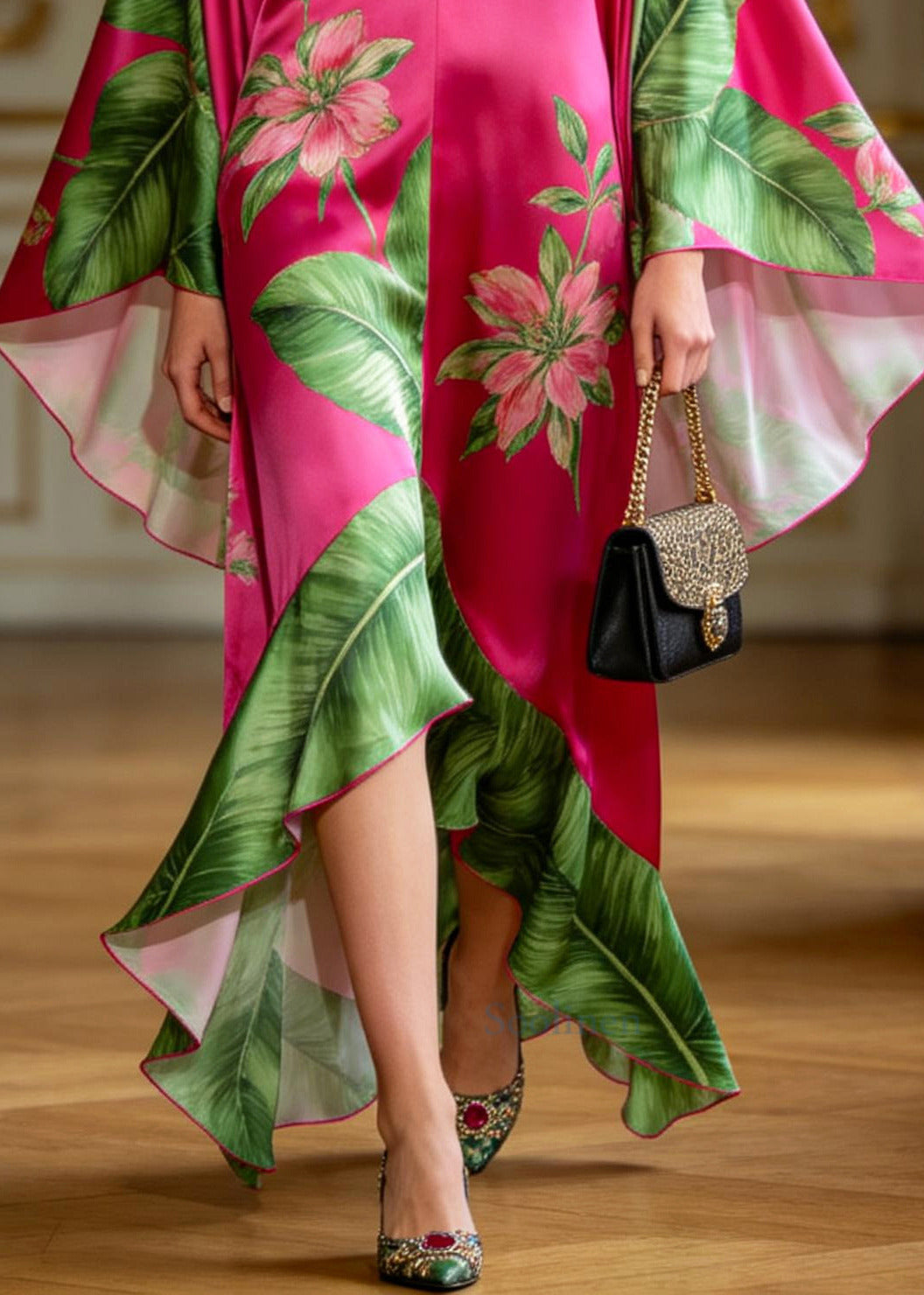 Modern Rose Print Low High Design Silk Long Dresses Batwing Sleeve