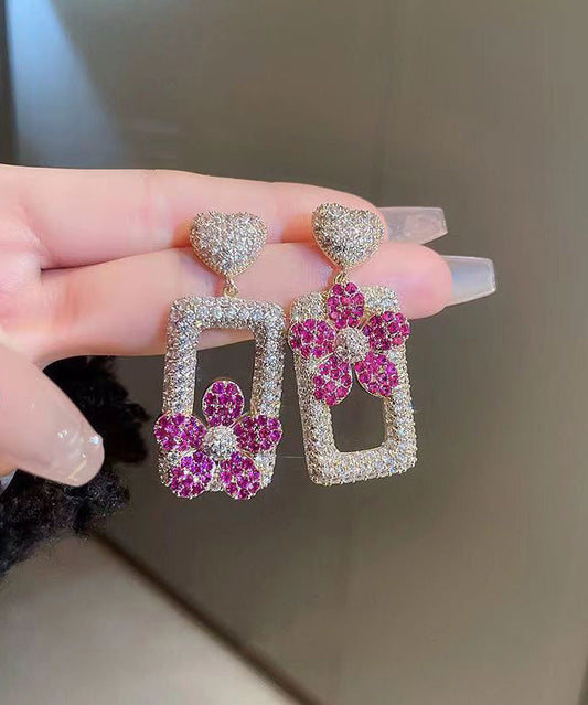 Moderne Ohrringe aus Sterlingsilber mit vergoldetem Zirkonia und Blumenmotiv in rechteckiger Form