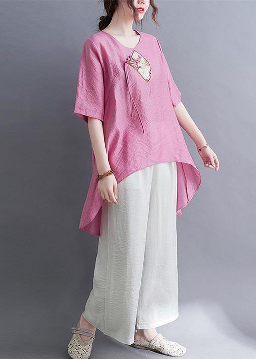 Modern Rose low high design Cotton Linen T Shirt Summer - SooLinen