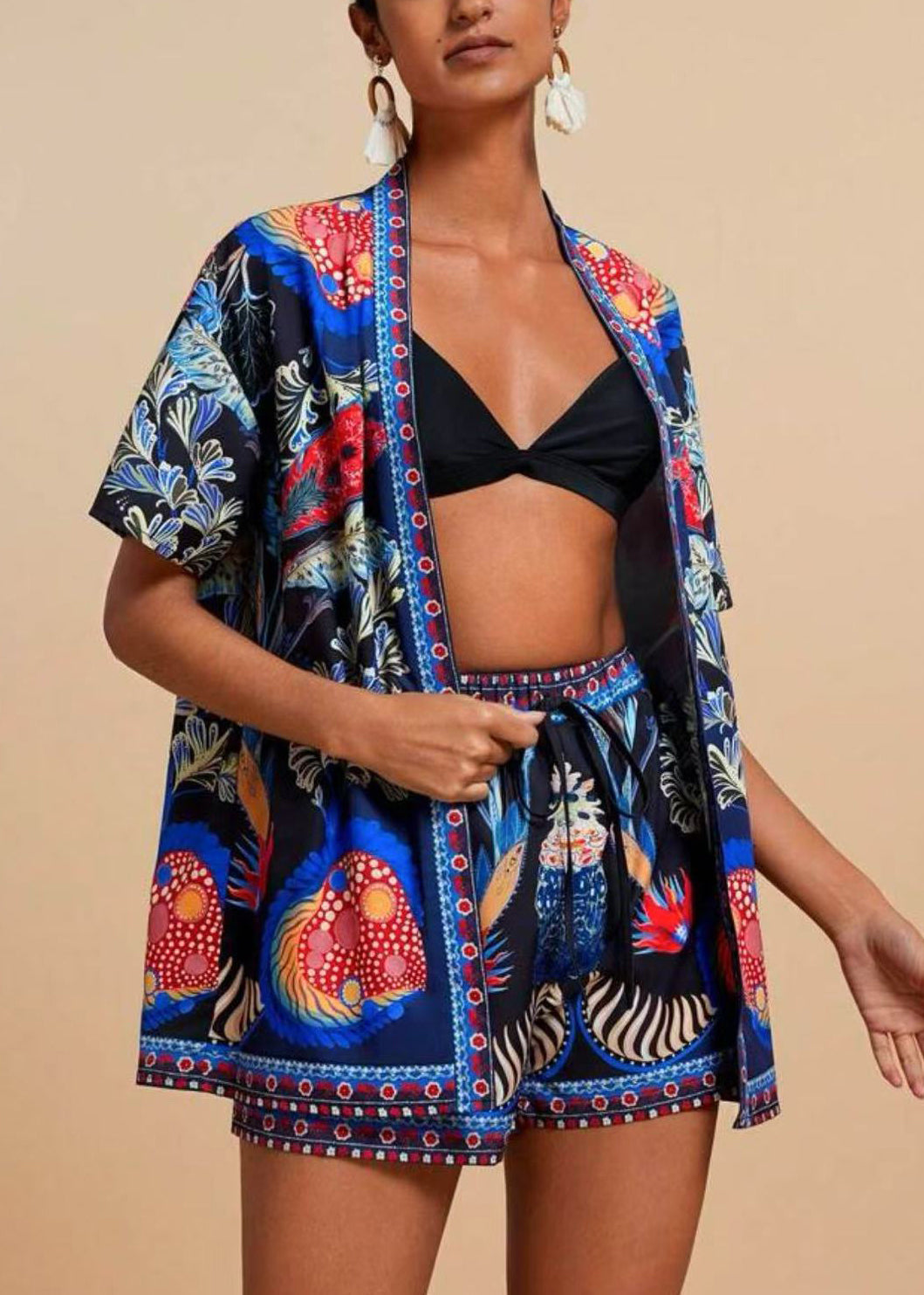 Modern Royal Blue V Neck Print Cardigans And Shorts Two Pieces Set Short Sleeve