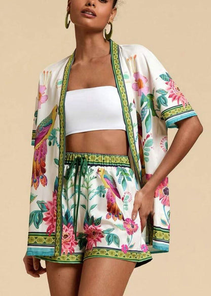 Modern Royal Blue V Neck Print Cardigans And Shorts Two Pieces Set Short Sleeve