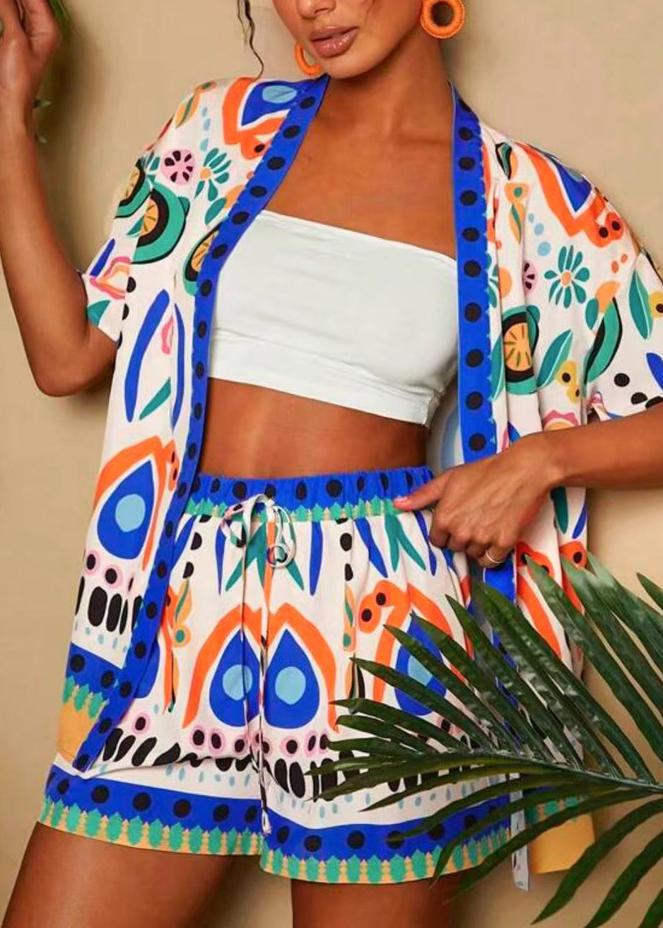 Modern Royal Blue V Neck Print Cardigans And Shorts Two Pieces Set Short Sleeve