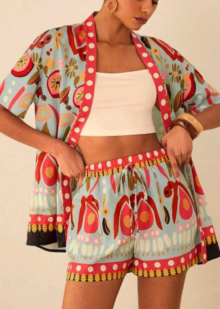 Modern Royal Blue V Neck Print Cardigans And Shorts Two Pieces Set Short Sleeve