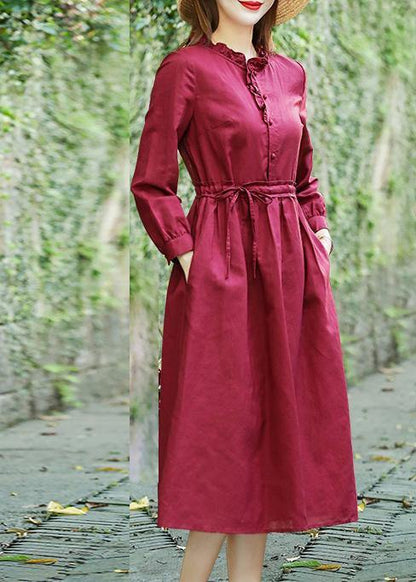 Modern Ruffled drawstring spring Tunics Fabrics red Dress - SooLinen