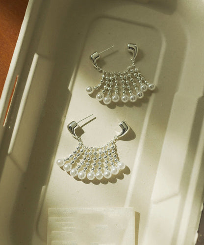 Modern Silk Copper Overgild Pearl Tassel Hoop Earrings