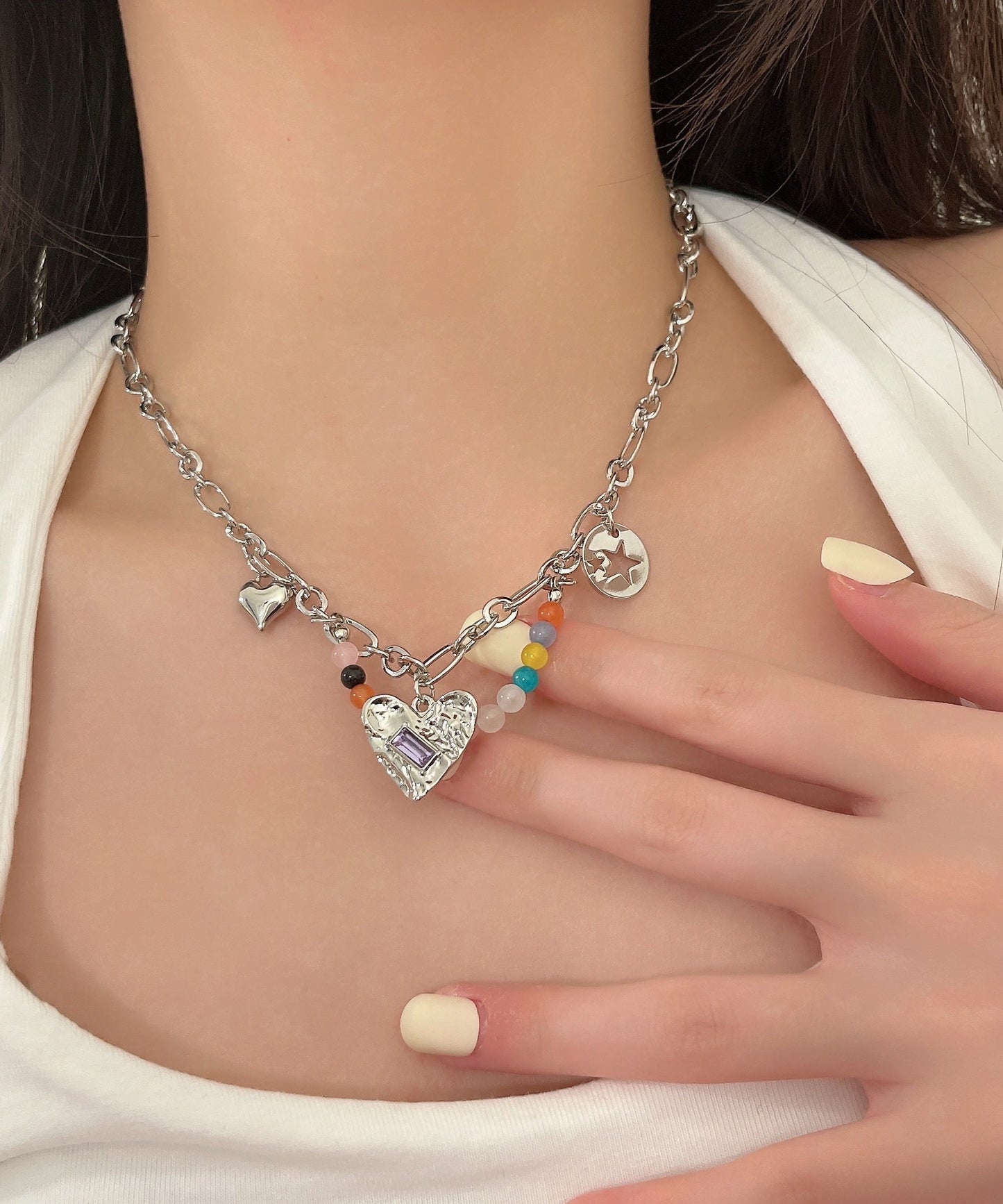 Collar con colgante de borla de estrella con cuentas de amor de acero inoxidable de seda moderno