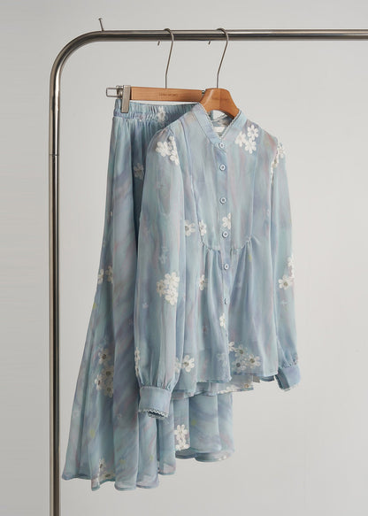 Conjunto de traje de dos piezas de gasa floral bordado azul cielo moderno primavera
