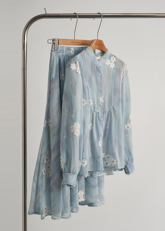 Conjunto de traje de dos piezas de gasa floral bordado azul cielo moderno primavera