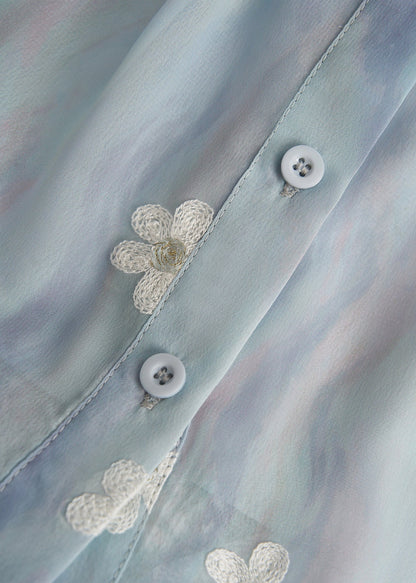 Conjunto de traje de dos piezas de gasa floral bordado azul cielo moderno primavera