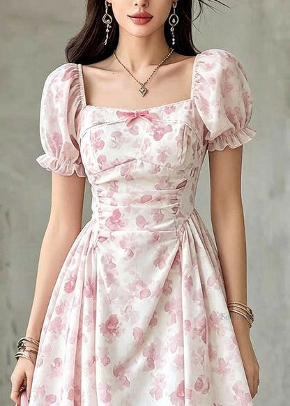 Modern Square Collar Print Wrinkled Mid Dresses Puff Sleeve