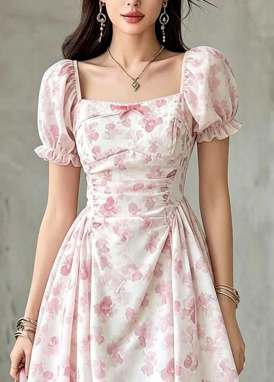 Modern Square Collar Print Wrinkled Mid Dresses Puff Sleeve