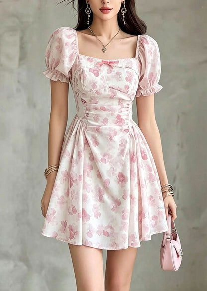 Modern Square Collar Print Wrinkled Mid Dresses Puff Sleeve