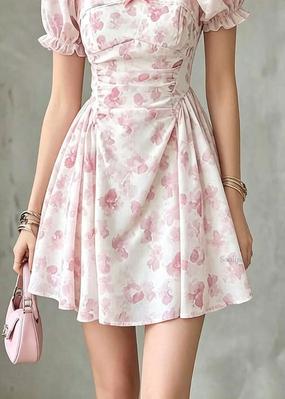 Modern Square Collar Print Wrinkled Mid Dresses Puff Sleeve