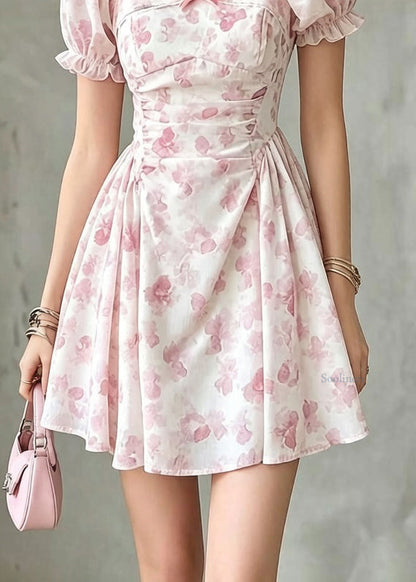 Modern Square Collar Print Wrinkled Mid Dresses Puff Sleeve