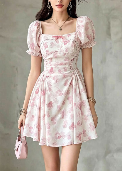 Modern Square Collar Print Wrinkled Mid Dresses Puff Sleeve