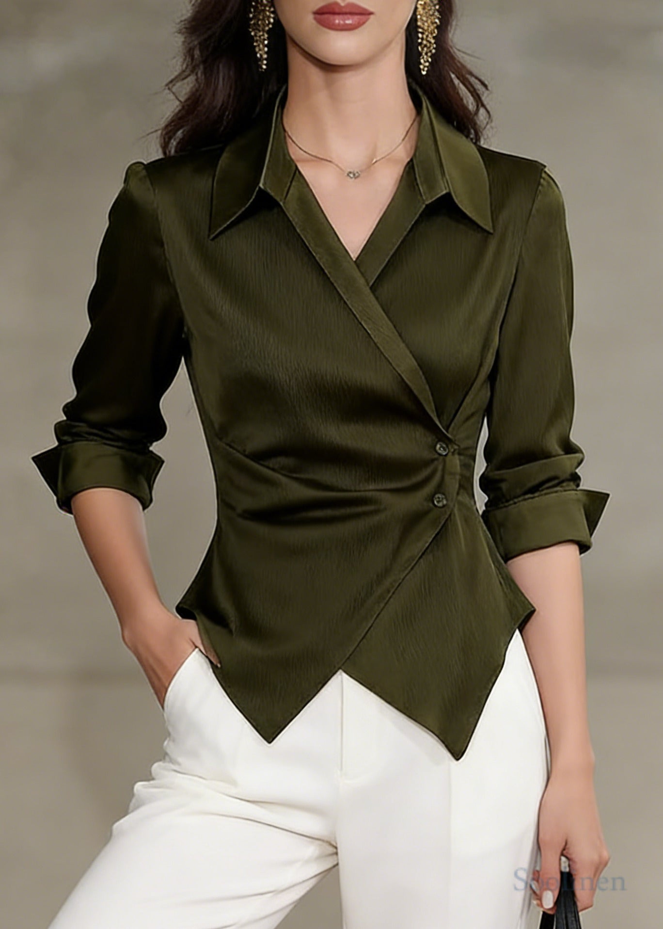 Modern Tea Green Asymmetrical Silk Shirt Tops Spring