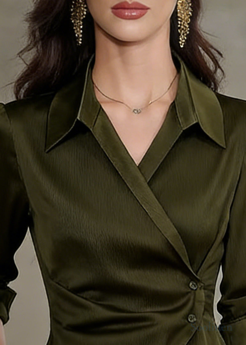 Modern Tea Green Asymmetrical Silk Shirt Tops Spring