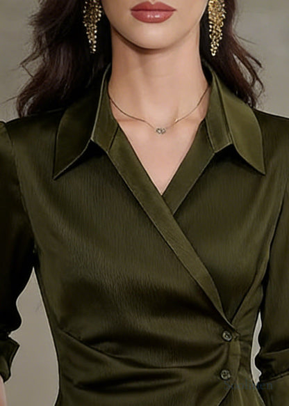 Modern Tea Green Asymmetrical Silk Shirt Tops Spring