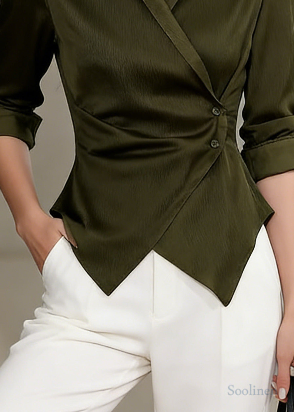 Modern Tea Green Asymmetrical Silk Shirt Tops Spring