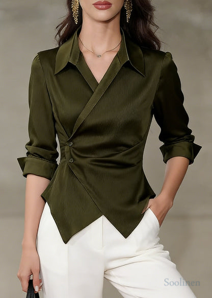 Modern Tea Green Asymmetrical Silk Shirt Tops Spring