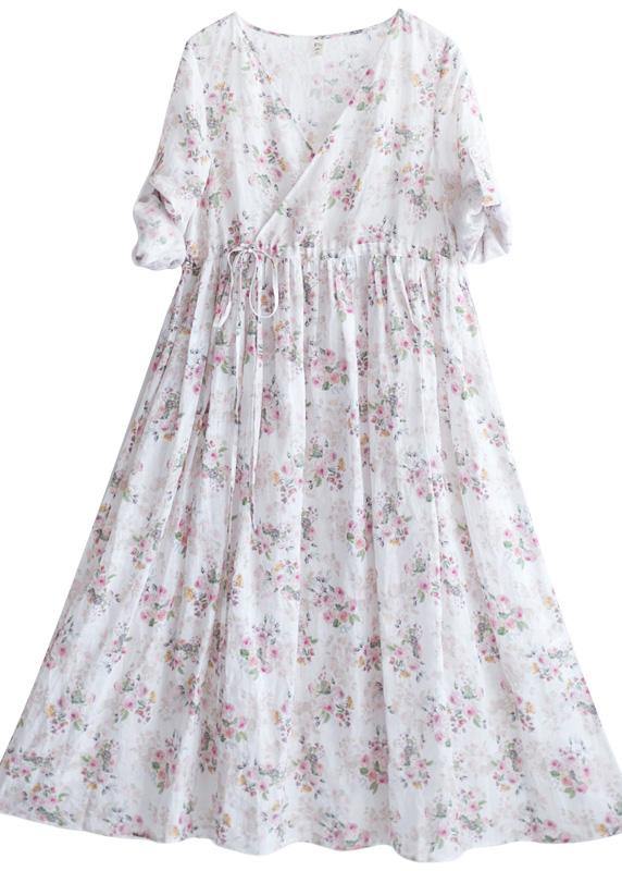 Modern V Neck Drawstring Summer Beige Print Kaftan Dress - SooLinen