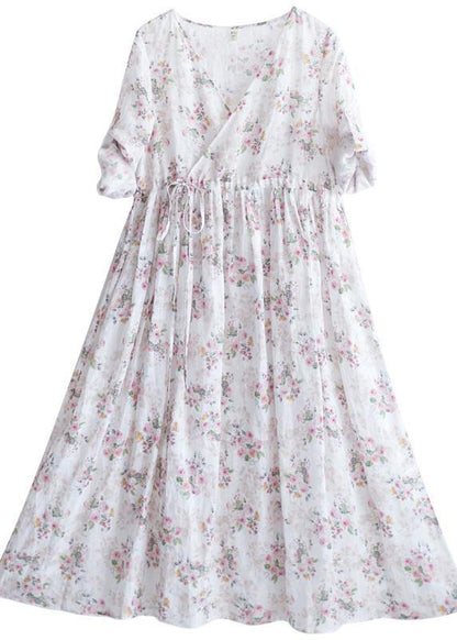 Modern V Neck Drawstring Summer Beige Print Kaftan Dress - SooLinen