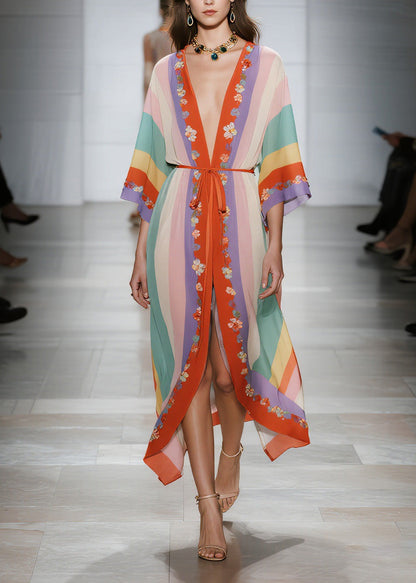 Modern V Neck Floral Lace Up Chiffon Cardigans Dress Summer