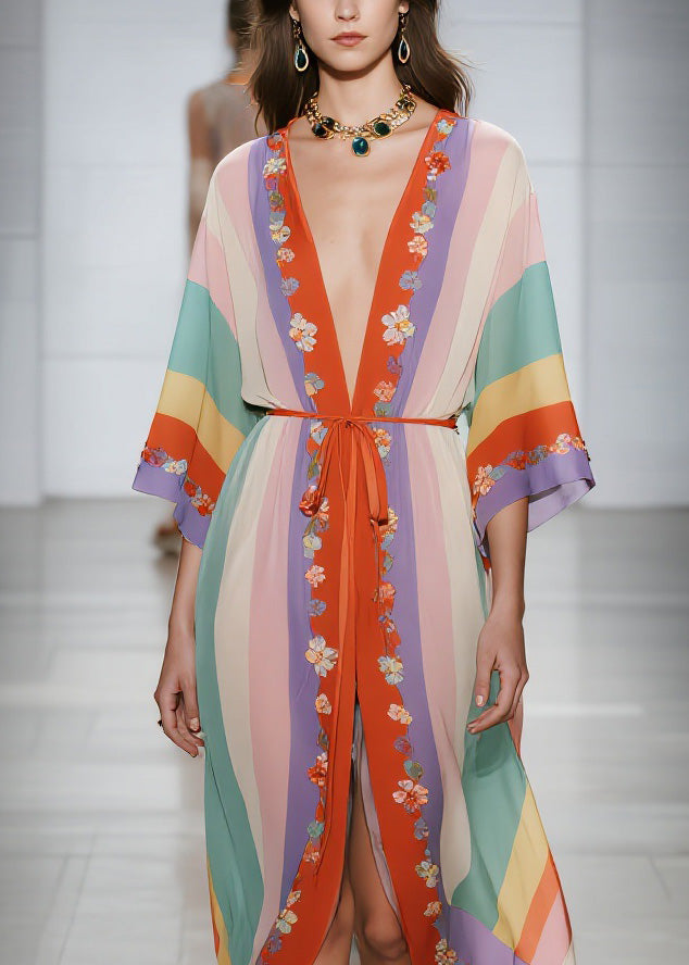 Modern V Neck Floral Lace Up Chiffon Cardigans Dress Summer