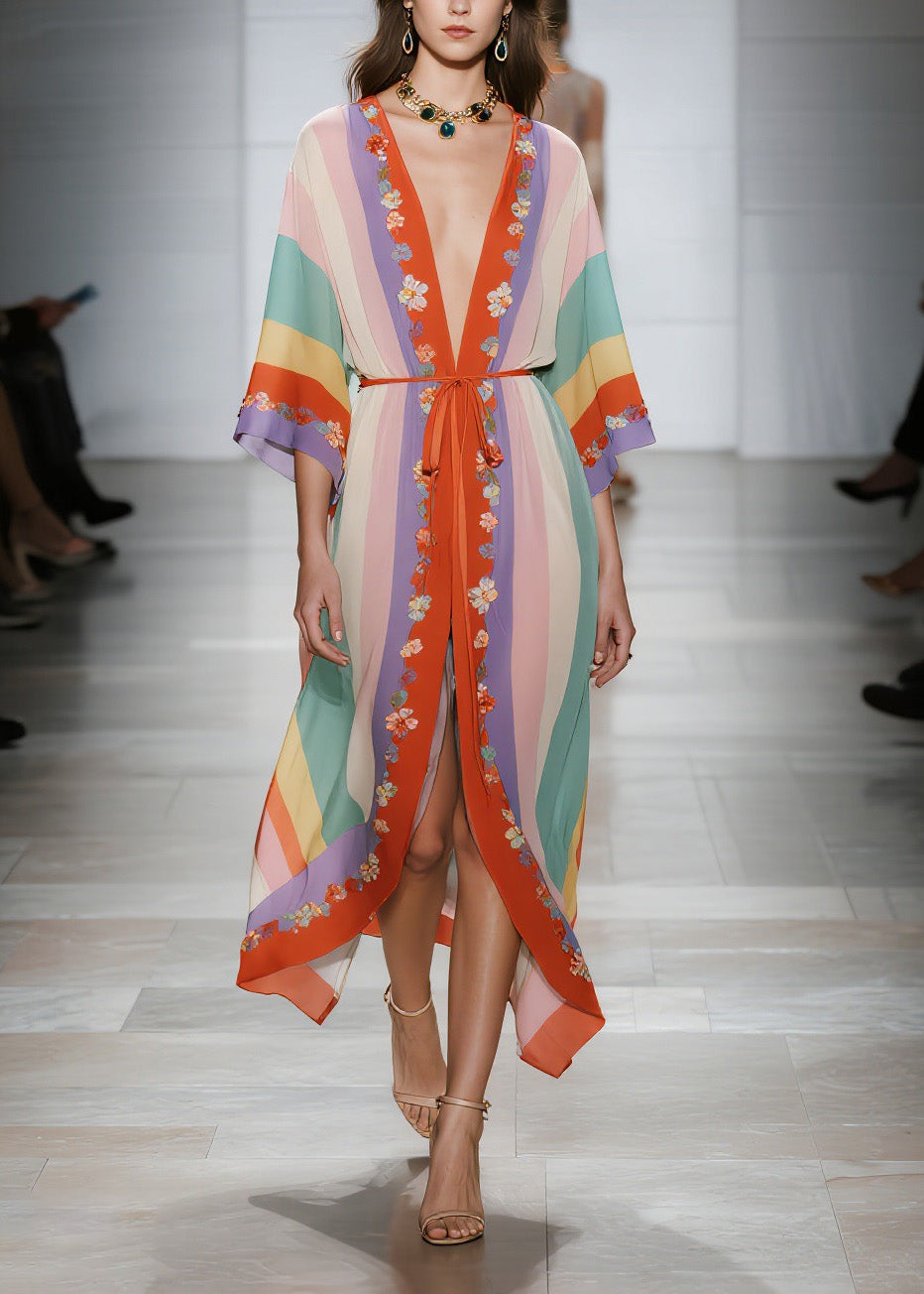 Modern V Neck Floral Lace Up Chiffon Cardigans Dress Summer