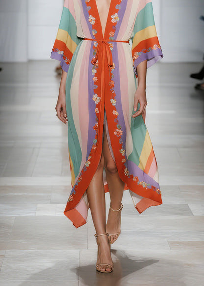 Modern V Neck Floral Lace Up Chiffon Cardigans Dress Summer