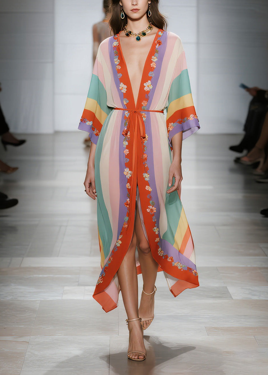 Modern V Neck Floral Lace Up Chiffon Cardigans Dress Summer