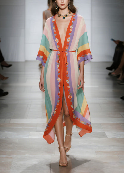 Modern V Neck Floral Lace Up Chiffon Cardigans Dress Summer