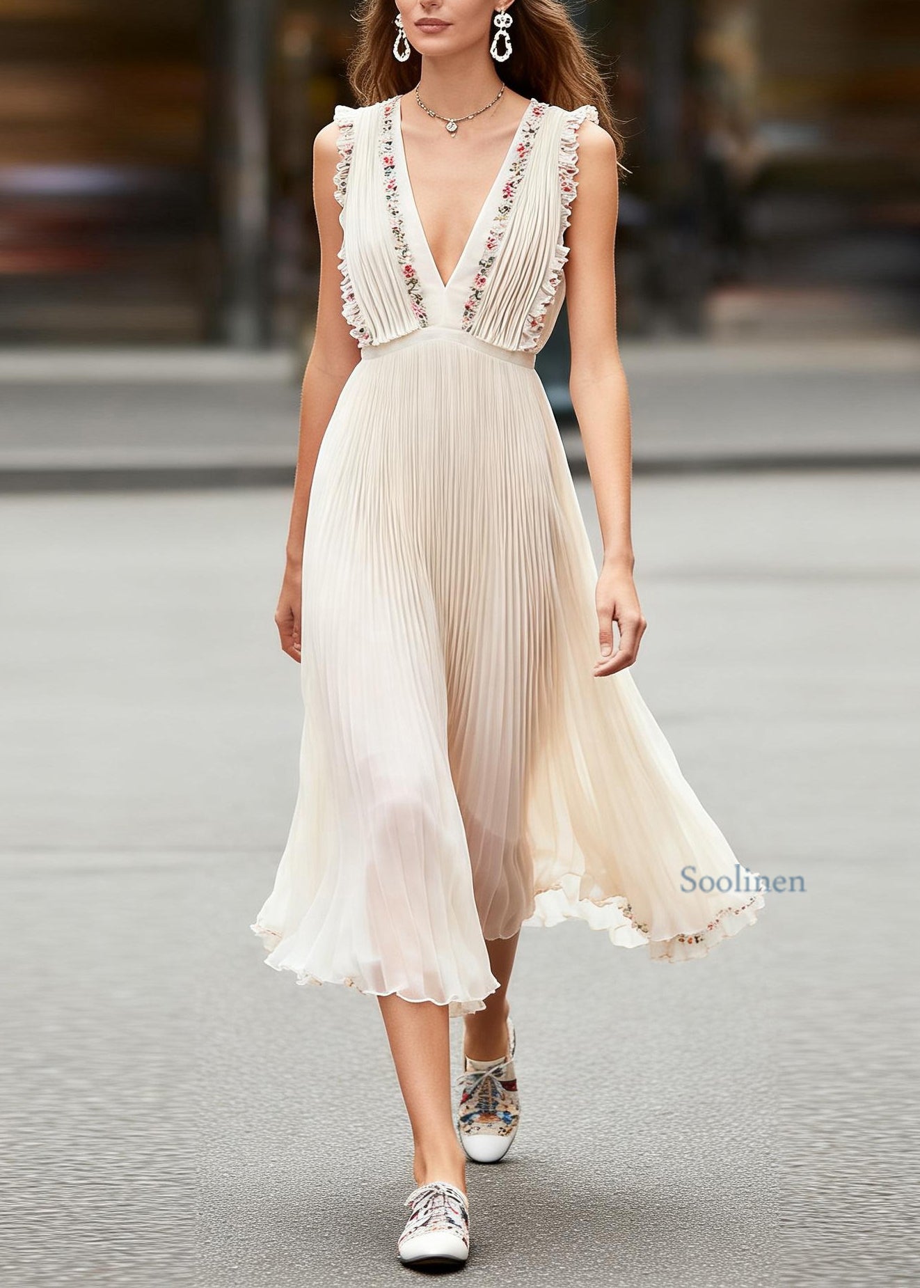 Modern V Neck Ruffled Floral Chiffon Long Dresses Sleeveless