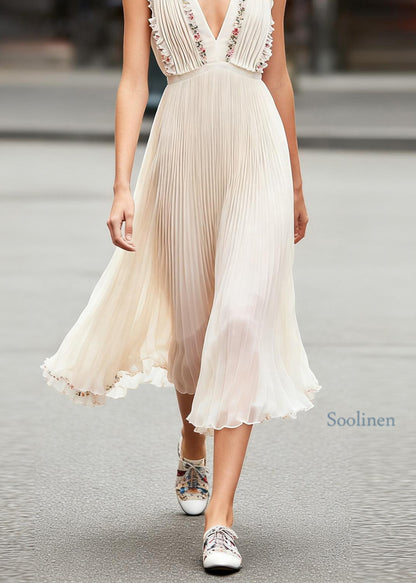 Modern V Neck Ruffled Floral Chiffon Long Dresses Sleeveless
