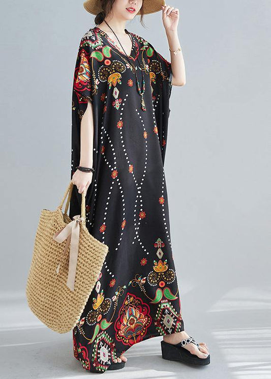 Modern V Neck Spring Clothes Women Wardrobes Black Print Maxi Dress - SooLinen