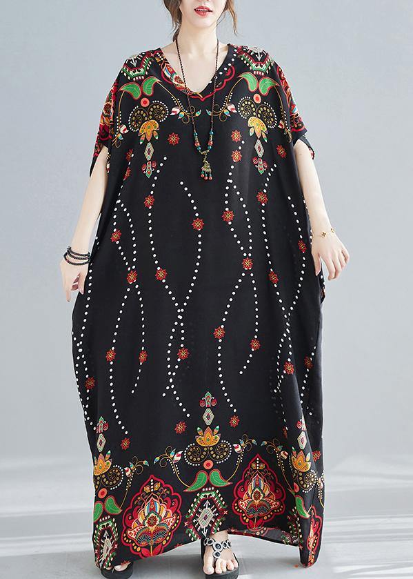 Modern V Neck Spring Clothes Women Wardrobes Black Print Maxi Dress - SooLinen