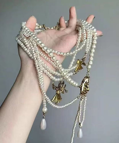 Modern White Alloy Layered Pearl Water Droplet Tassel Gratuated Bead Necklace