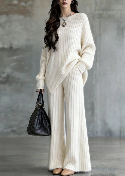 Modern White Asymmetrical Oversized Knit Two-Piece Set Spring