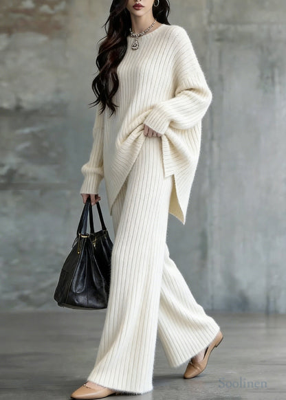 Modern White Asymmetrical Oversized Knit Two-Piece Set Spring