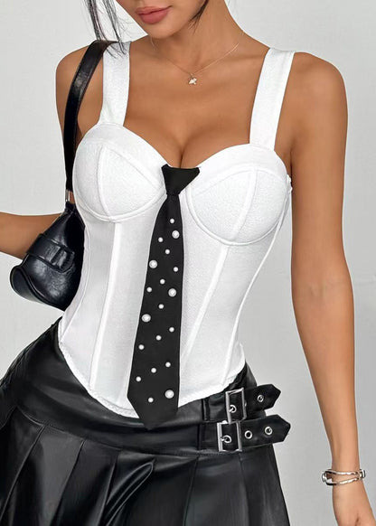 Modern White Bustier Top Tie Pearl Cotton Tops Summer