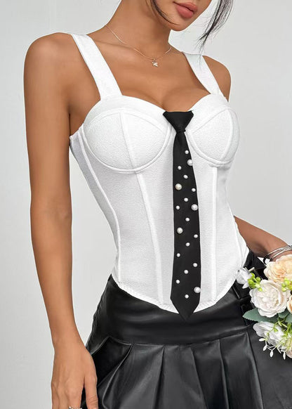 Modern White Bustier Top Tie Pearl Cotton Tops Summer