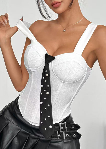 Modern White Bustier Top Tie Pearl Cotton Tops Summer