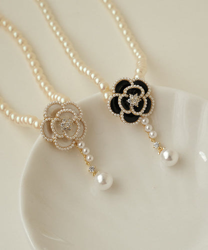 Modern White Copper Overgild 14K Gold Zircon Pearl Resin Floral Pendant Necklace